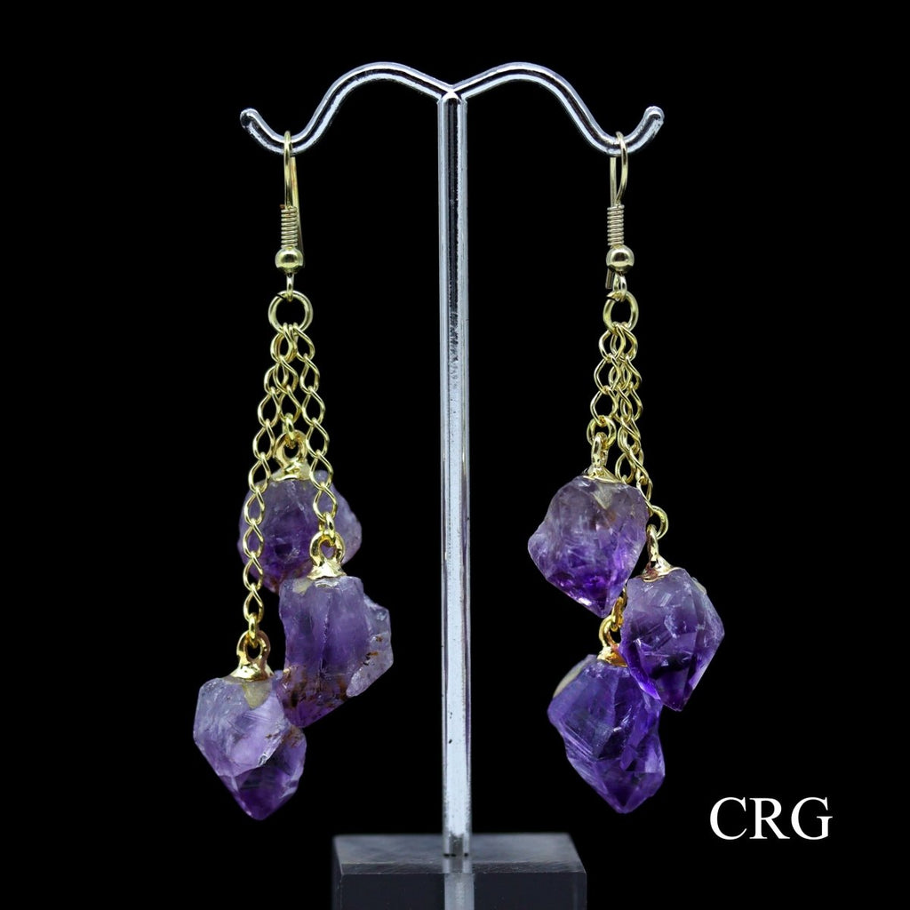 Amethyst Triple Point Earrings with Gold Plated Wire (2 Inches) (1 Pair)