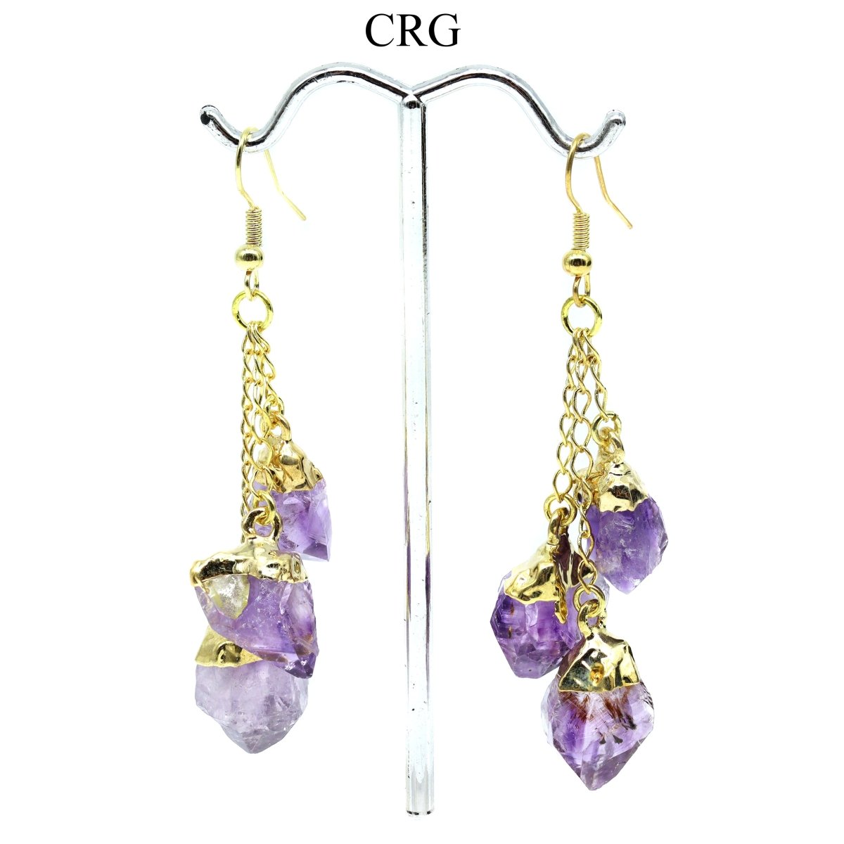 Amethyst Triple Point Earrings with Gold Plating (2 Inches) (1 Pair)