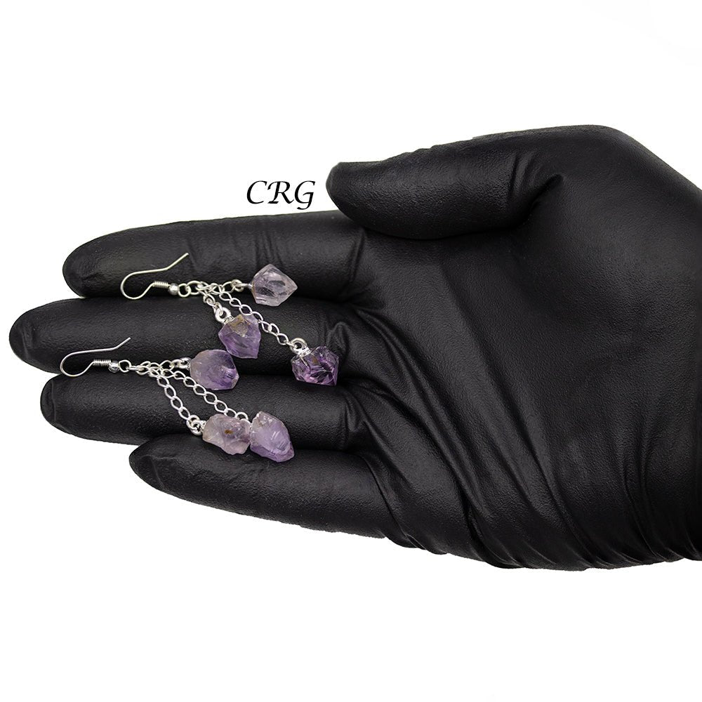 Amethyst Triple Point Earrings with Silver Plated Wire (2 Inches) (1 Pair)