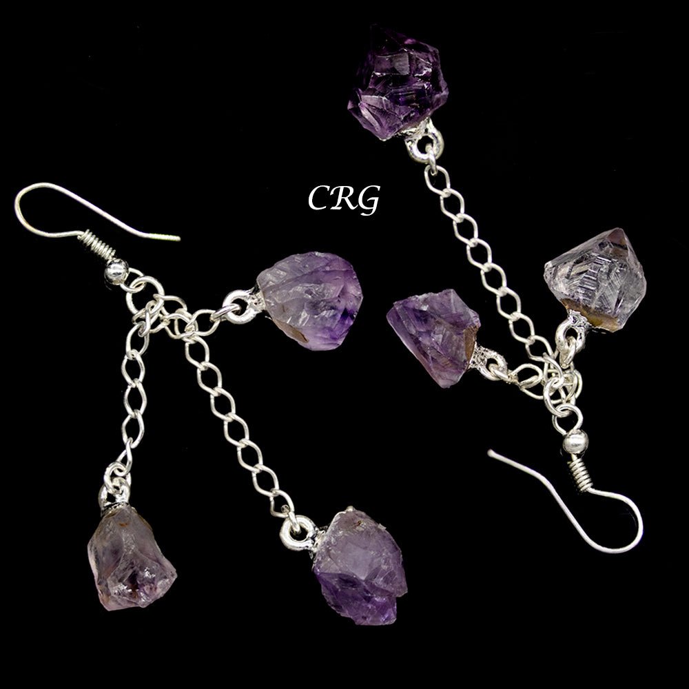 Amethyst Triple Point Earrings with Silver Plated Wire (2 Inches) (1 Pair)