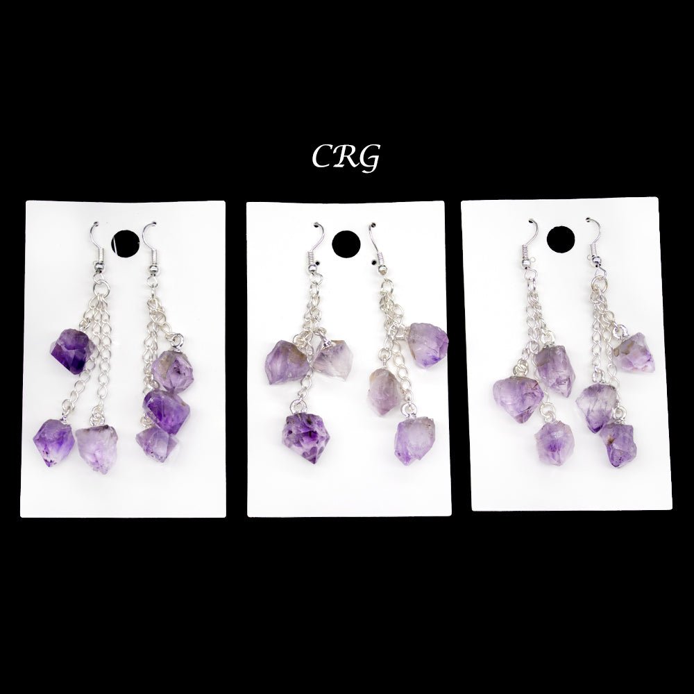 Amethyst Triple Point Earrings with Silver Plated Wire (2 Inches) (1 Pair)