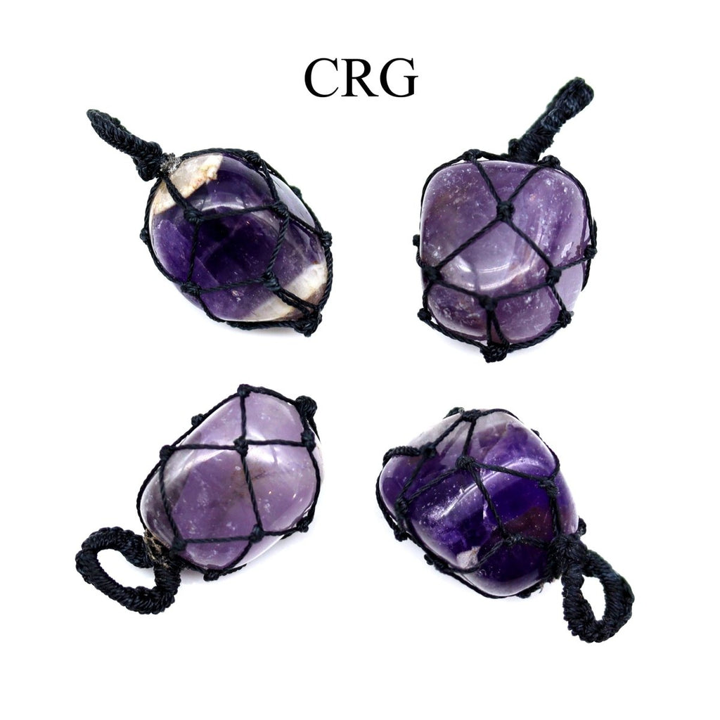 Amethyst Tumbled Black Cord Macramé Pendant (1 Inch) (5 Pieces) (INJD)