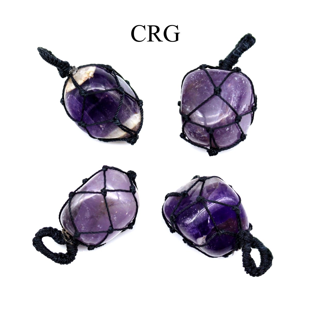 Amethyst Tumbled Black Cord Macramé Pendant (1 Inch) (5 Pieces) (INJD)