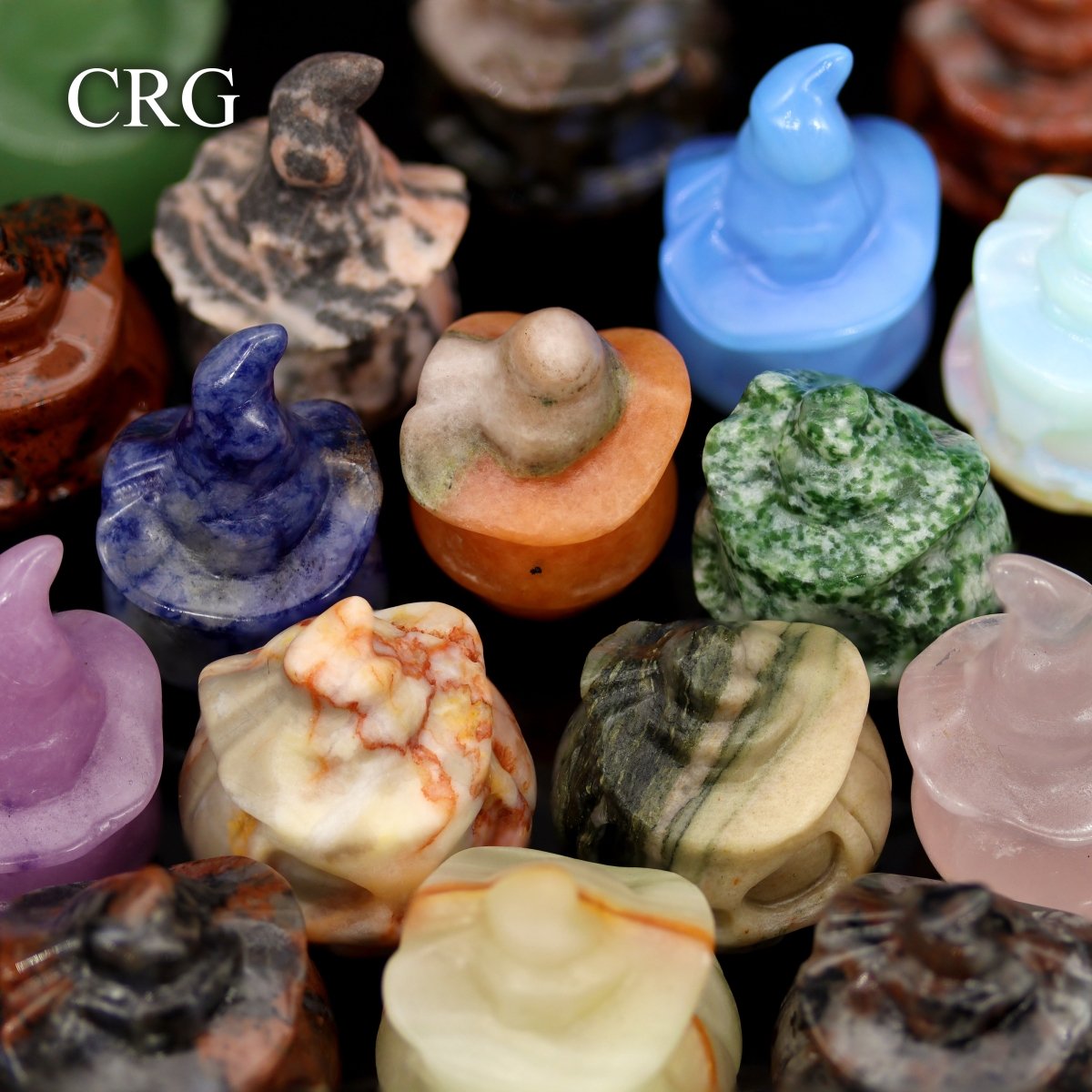 Assorted Gemstone Pumpkin Jack O' Lanterns with Witch Hat (4 Pieces) Size 0.75 to 1.25 Inches Mixed Crystal Carvings