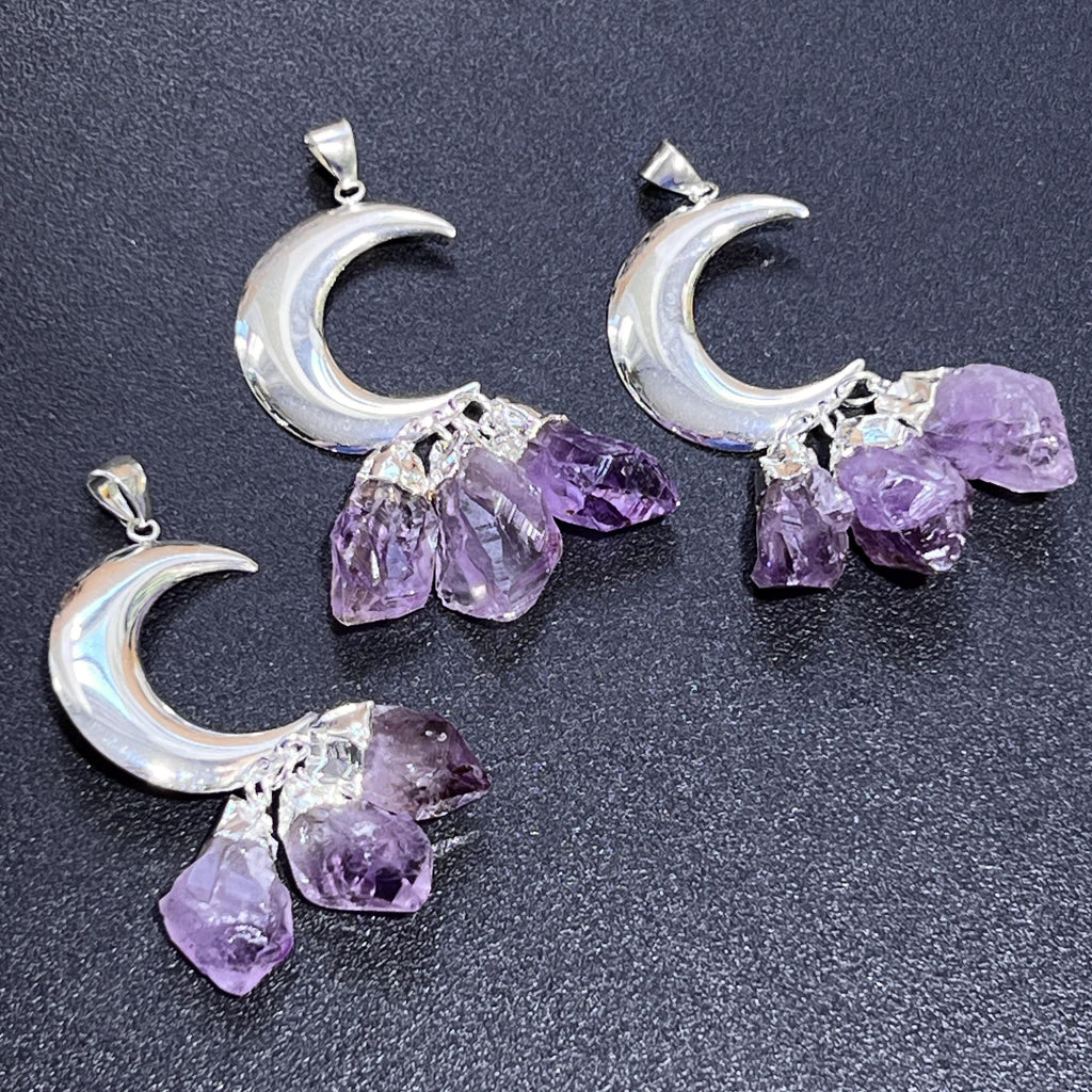 Amethyst Crystal Crescent Moon Pendant (Silver Plated)
