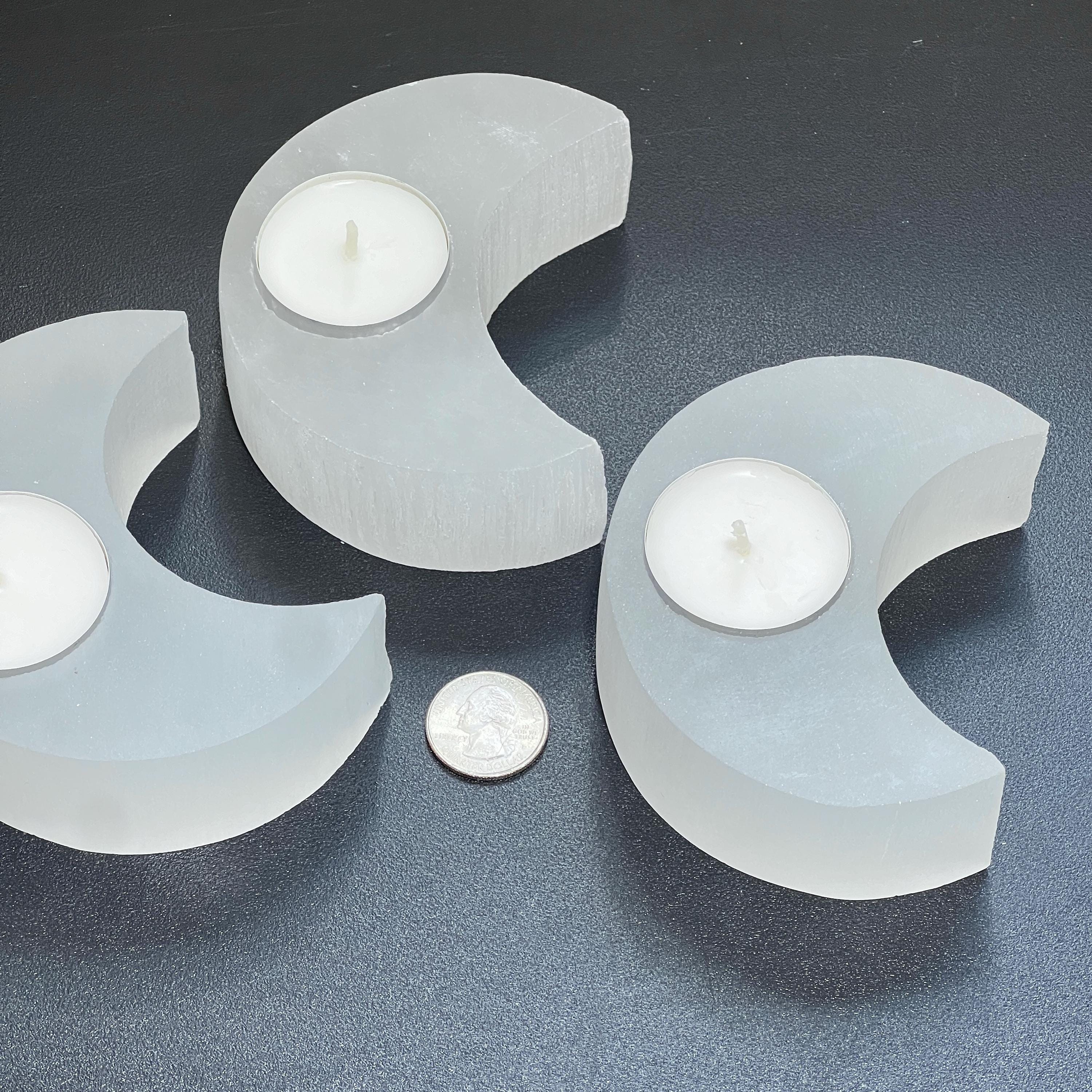 Selenite Satin Spar Crystal Crescent Moon Tealight Candle Carving