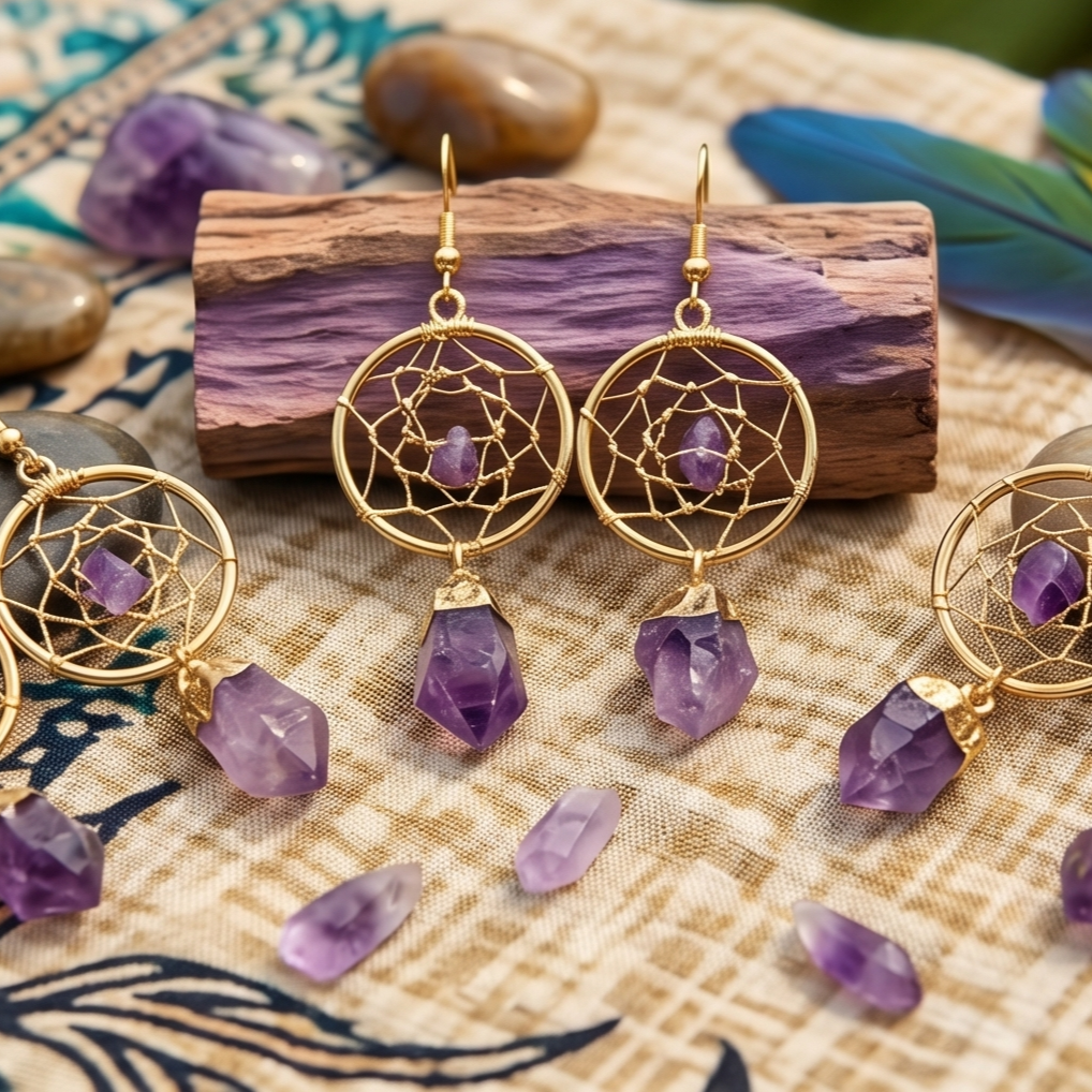 DreamCatcher Earrings Pair (Amethyst Crystal)(Gold Plated)(Stainless Steel Hooks)