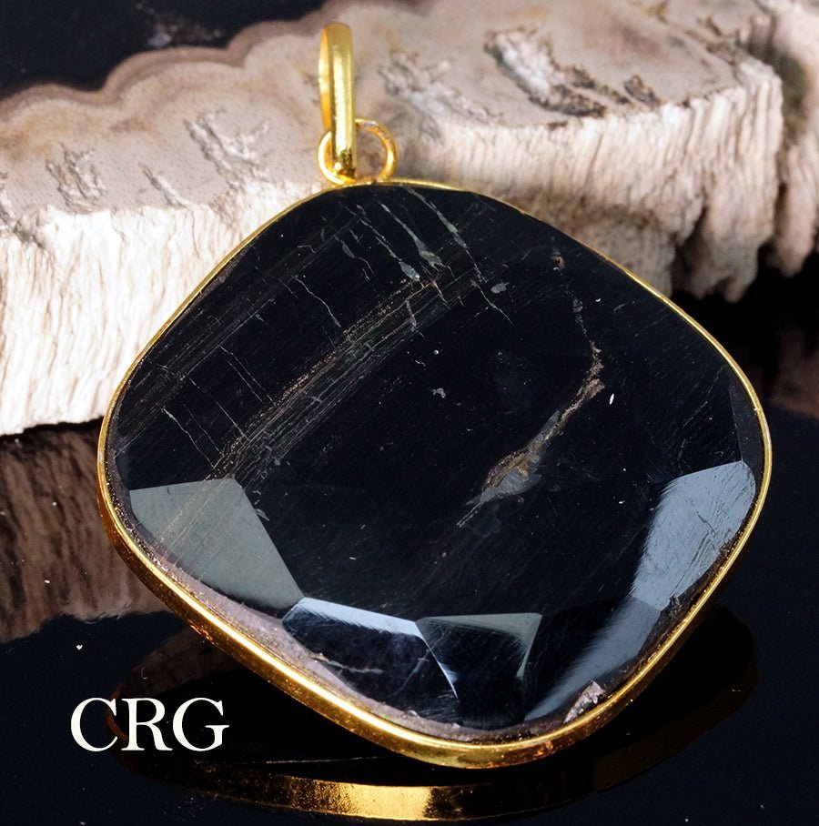 Black Agate Faceted Square Pendant with Gold Plating (1 Piece) Size 1.5 Inches (INJD)