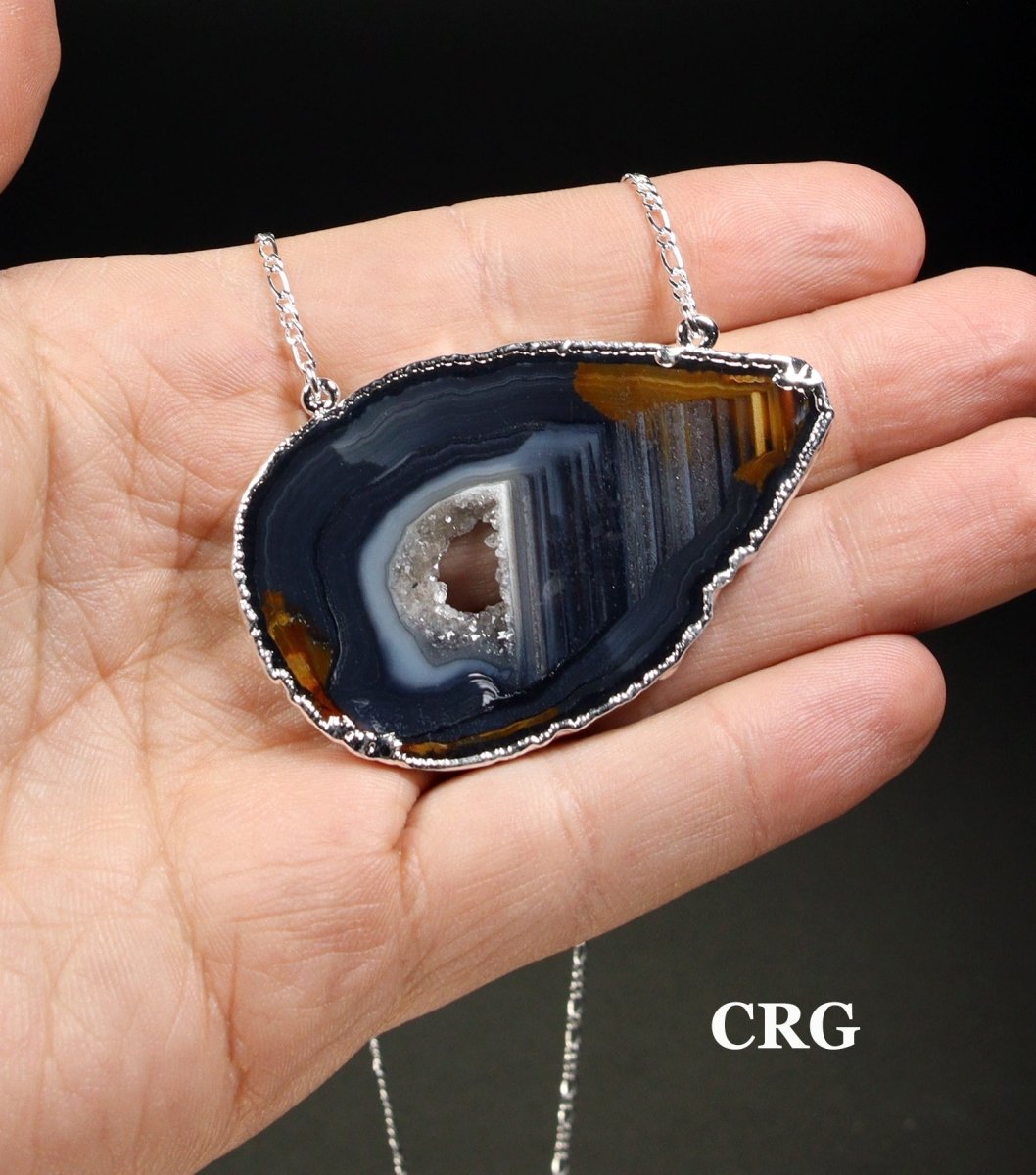 Black Agate Slice Necklace with Silver Plating (16 Inches) (1 Piece)
