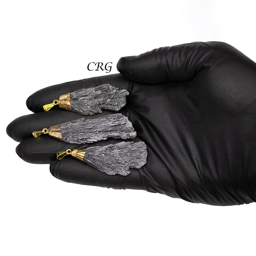 Black Kyanite Fan Pendant with Gold Plating (4 Pieces) Size 1 to 2 Inches Crystal Jewelry Charm