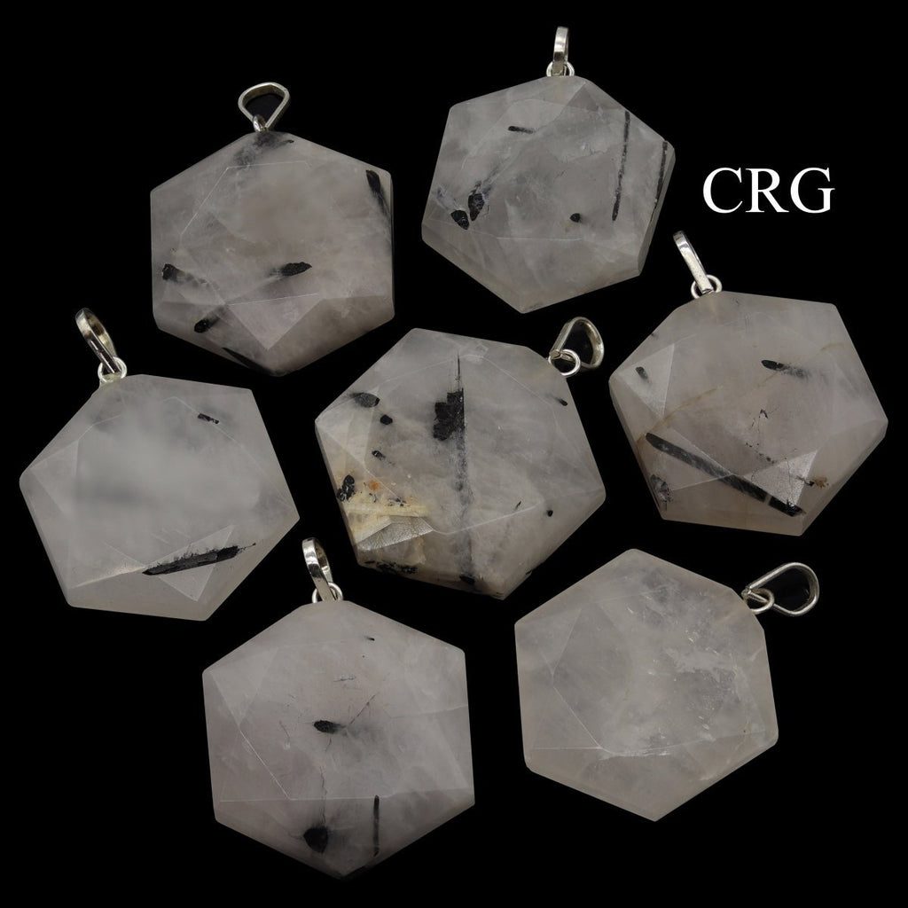 Black Rutile Faceted Hexagon Pendant with Silver Bail (1 in) Crystal Charm (4 pcs) (INJD)