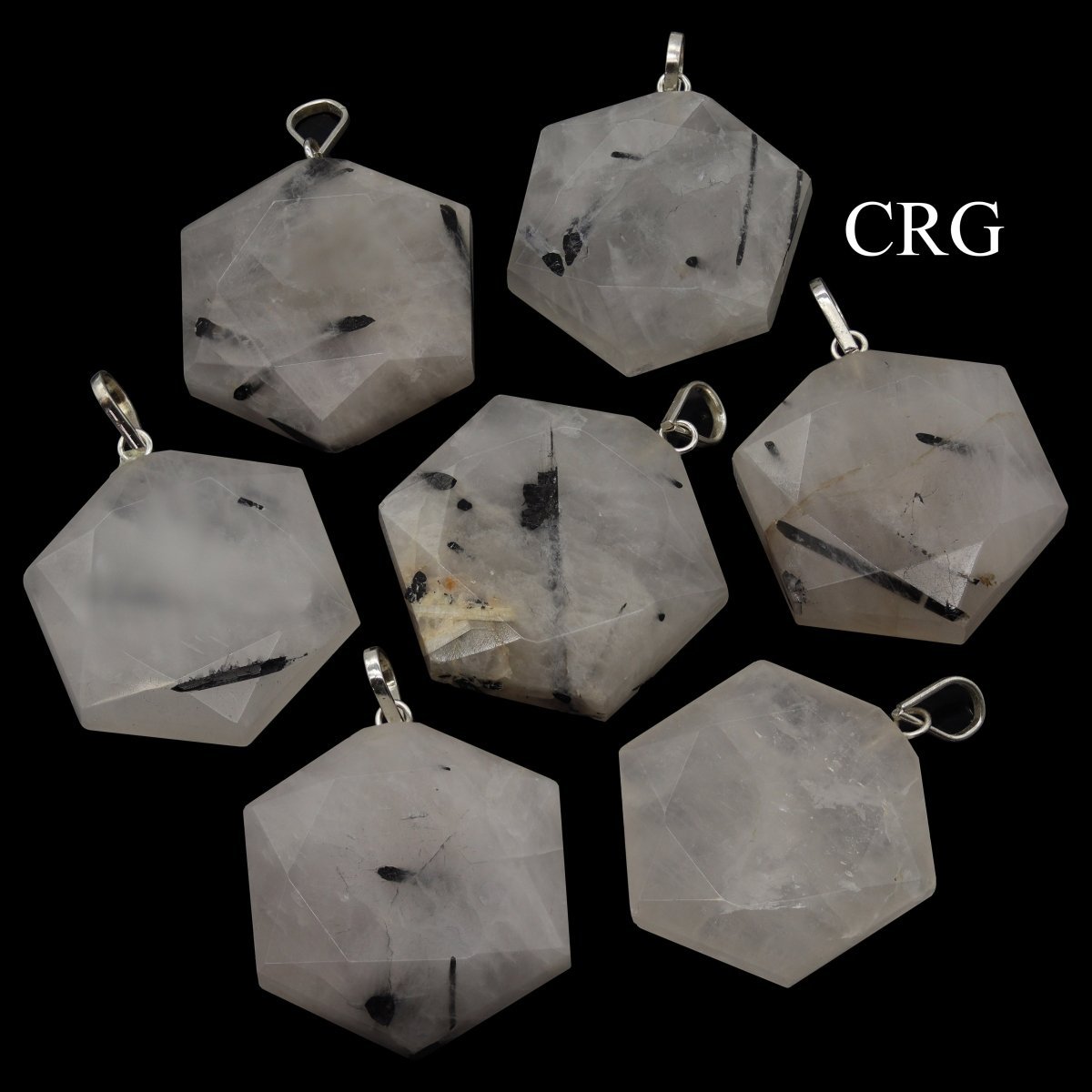 Black Rutile Faceted Hexagon Pendant with Silver Bail (1 in) Crystal Charm (4 pcs) (INJD)