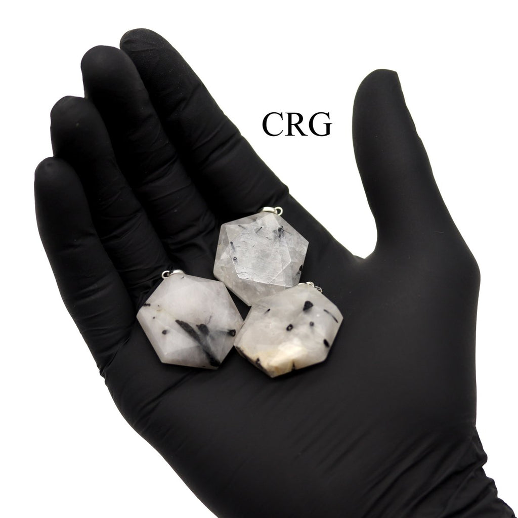 Black Rutile Faceted Hexagon Pendant with Silver Bail (1 in) Crystal Charm (4 pcs) (INJD)