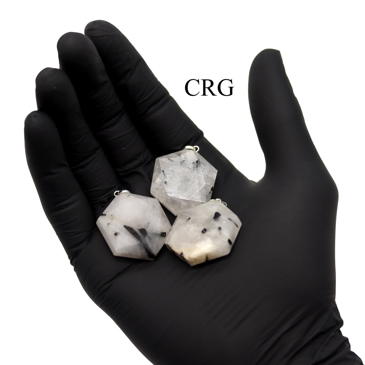 Black Rutile Faceted Hexagon Pendant with Silver Bail (1 in) Crystal Charm (4 pcs) (INJD)