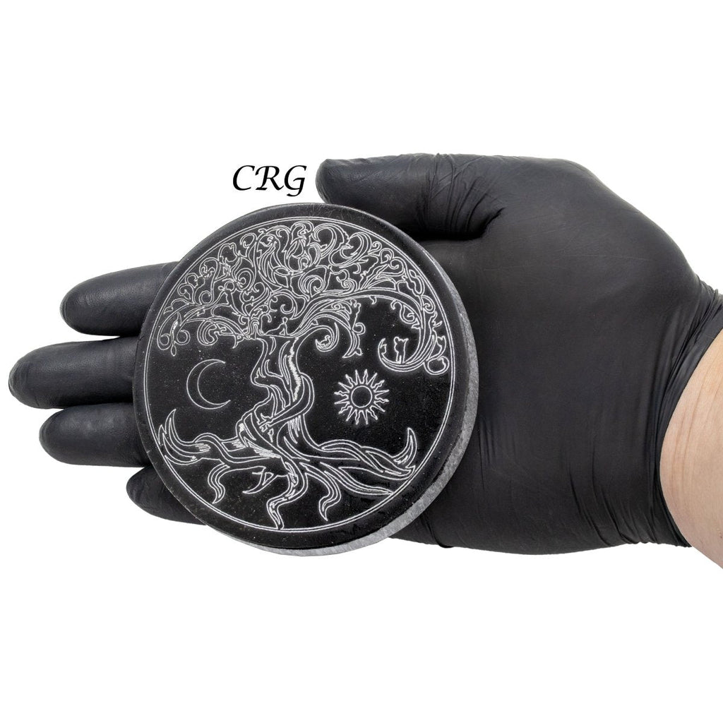 Black Selenite Engraved Tree of Life Plate 4 inches (1 Piece)