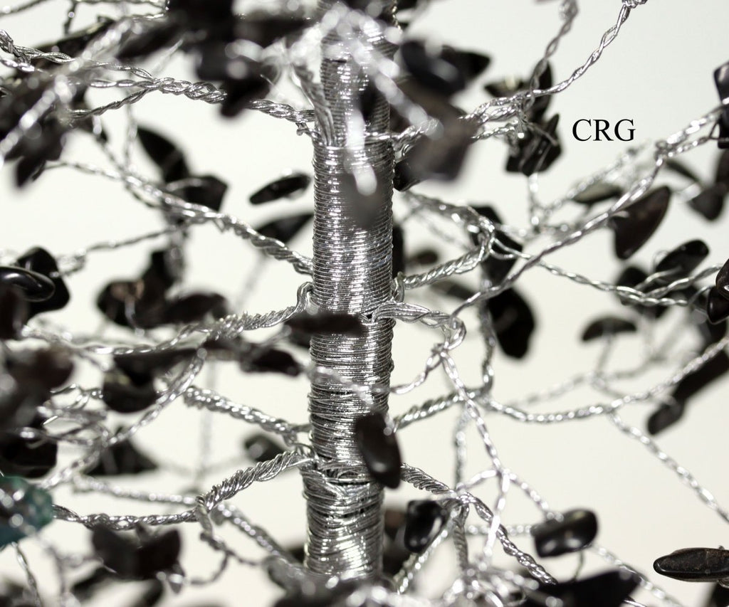 Black Tourmaline 500 Gemstone Chip Tree with Wood Base and Silver Wire (1 Piece) Size 12 to 13 Inches Crystal Decor