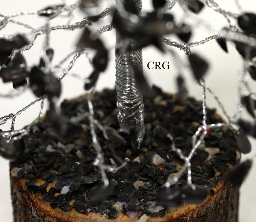 Black Tourmaline 500 Gemstone Chip Tree with Wood Base and Silver Wire (1 Piece) Size 12 to 13 Inches Crystal Decor