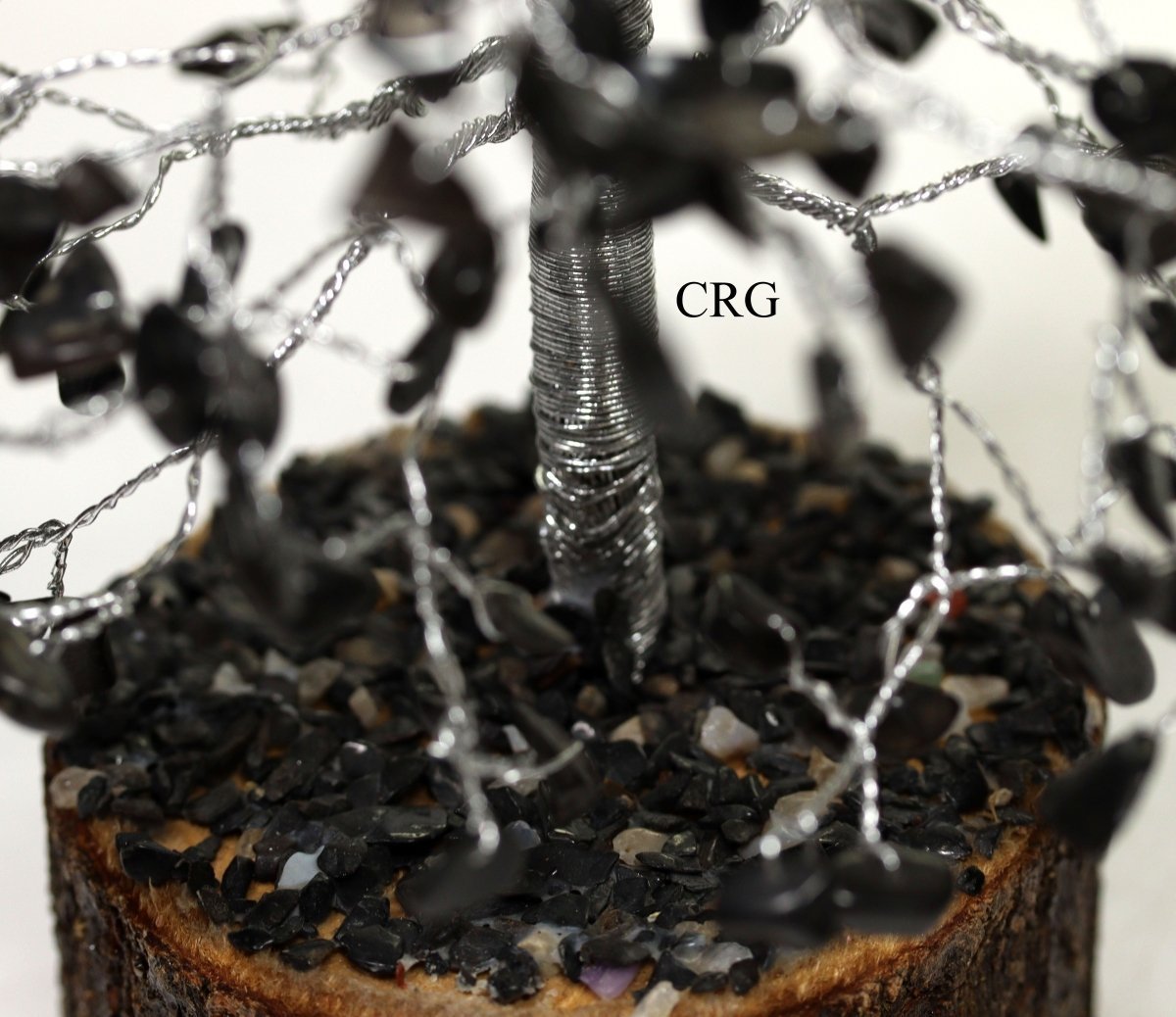 Black Tourmaline 500 Gemstone Chip Tree with Wood Base and Silver Wire (1 Piece) Size 12 to 13 Inches Crystal Decor