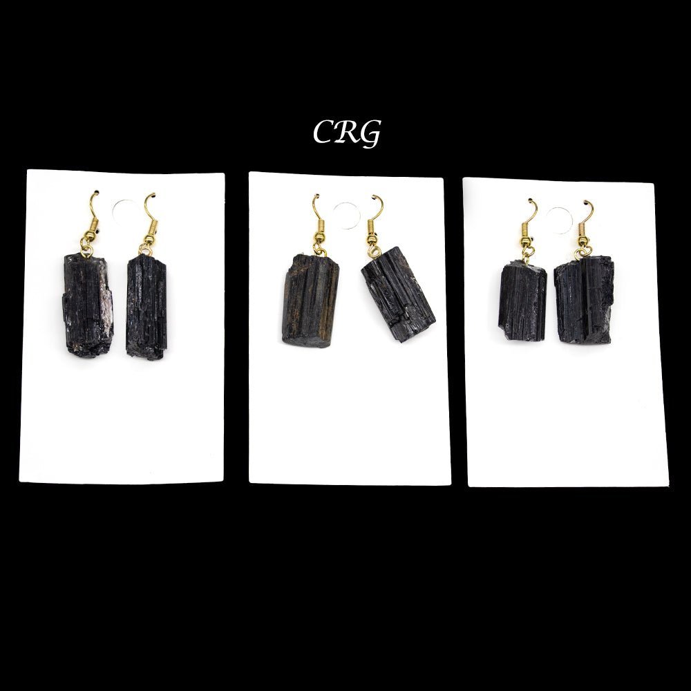 Black Tourmaline Raw Earrings with Gold Plated Wire (0.5 To 1 Inch) (1 Pair)