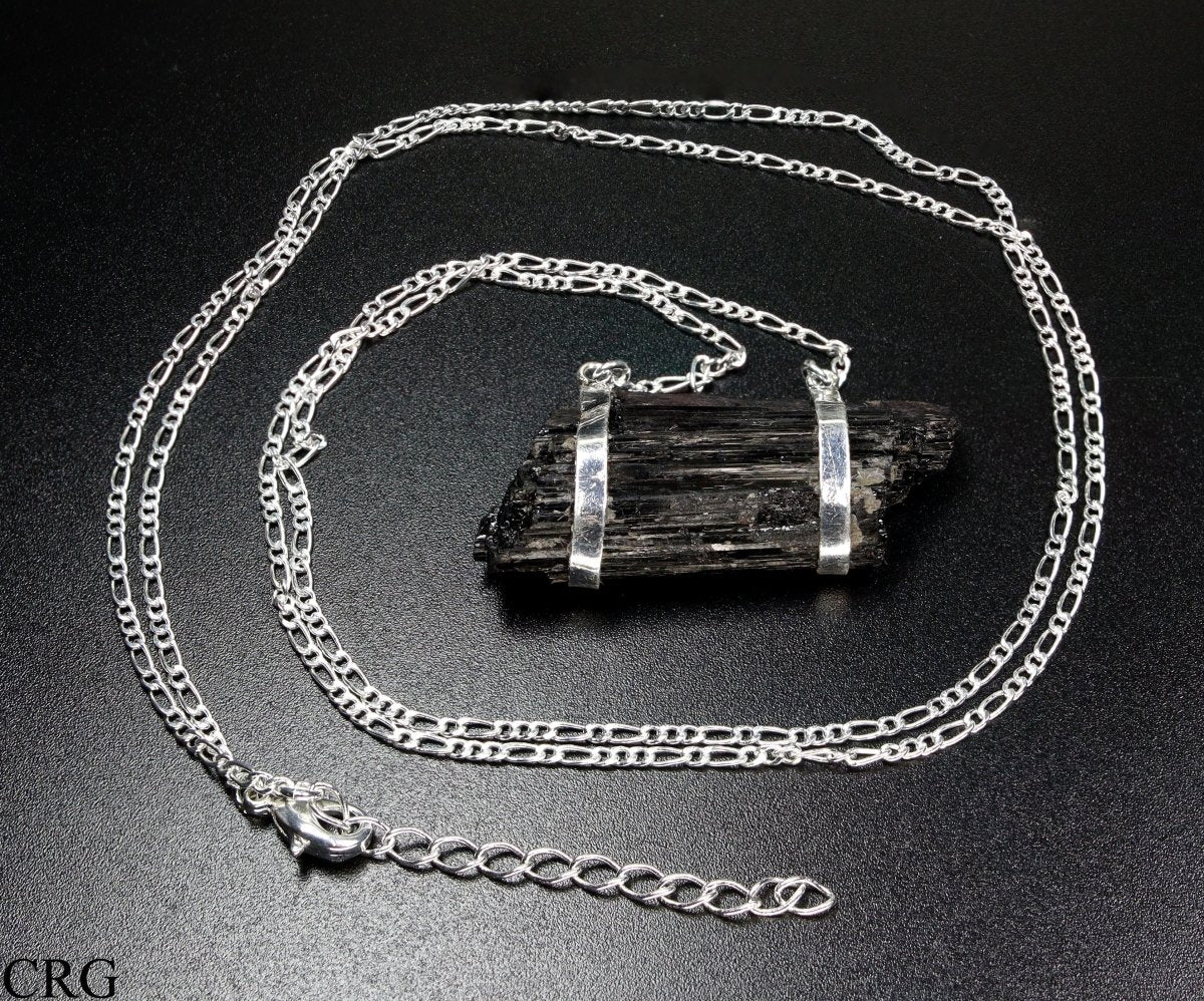 Black Tourmaline Raw Necklace with Silver Plating (32 Inches) (1 Piece)