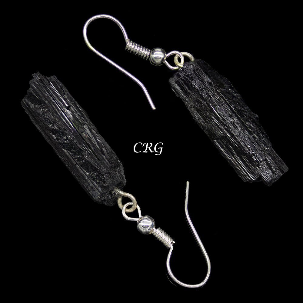 Black Tourmaline Rough Earrings with Silver Plated Wire (1 Pair) Wholesale Crystal Gemstone Jewelry