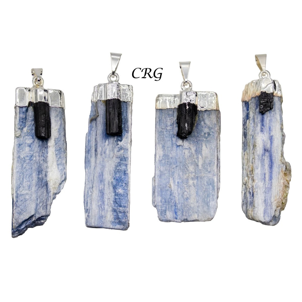 Blue Kyanite Blade Pendant with Black Tourmaline Point and Silver Plating (4 Pieces) Size 1 to 2 Inches Crystal Jewelry Charm