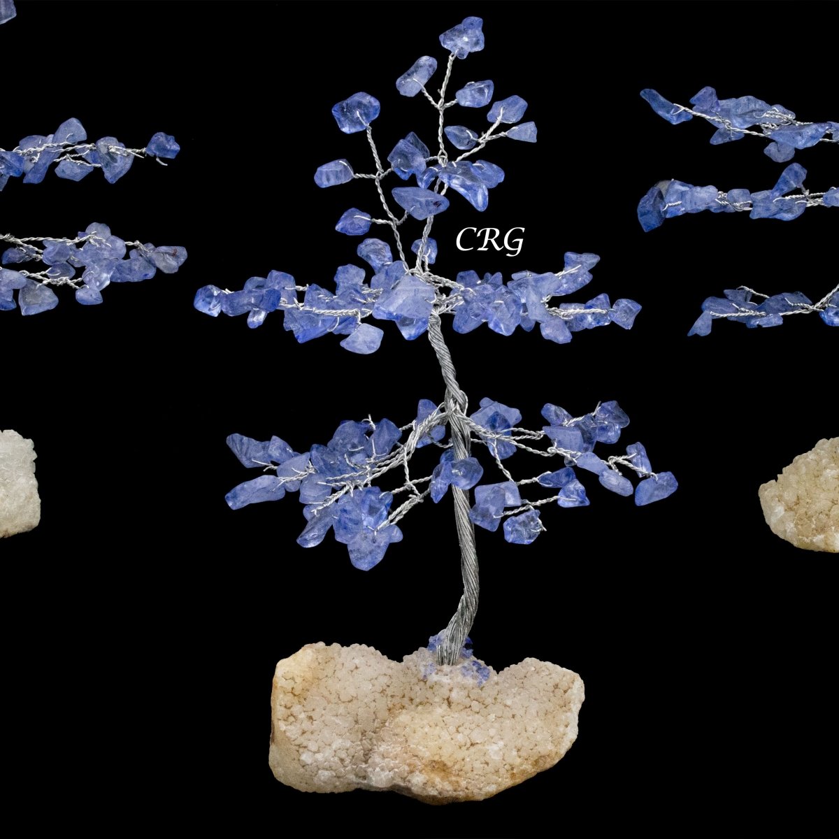 Blue Sapphire 100 Chip Tree with Cluster Base and Silver Wire (1 Piece) Size 6 Inches Gemstone Tree