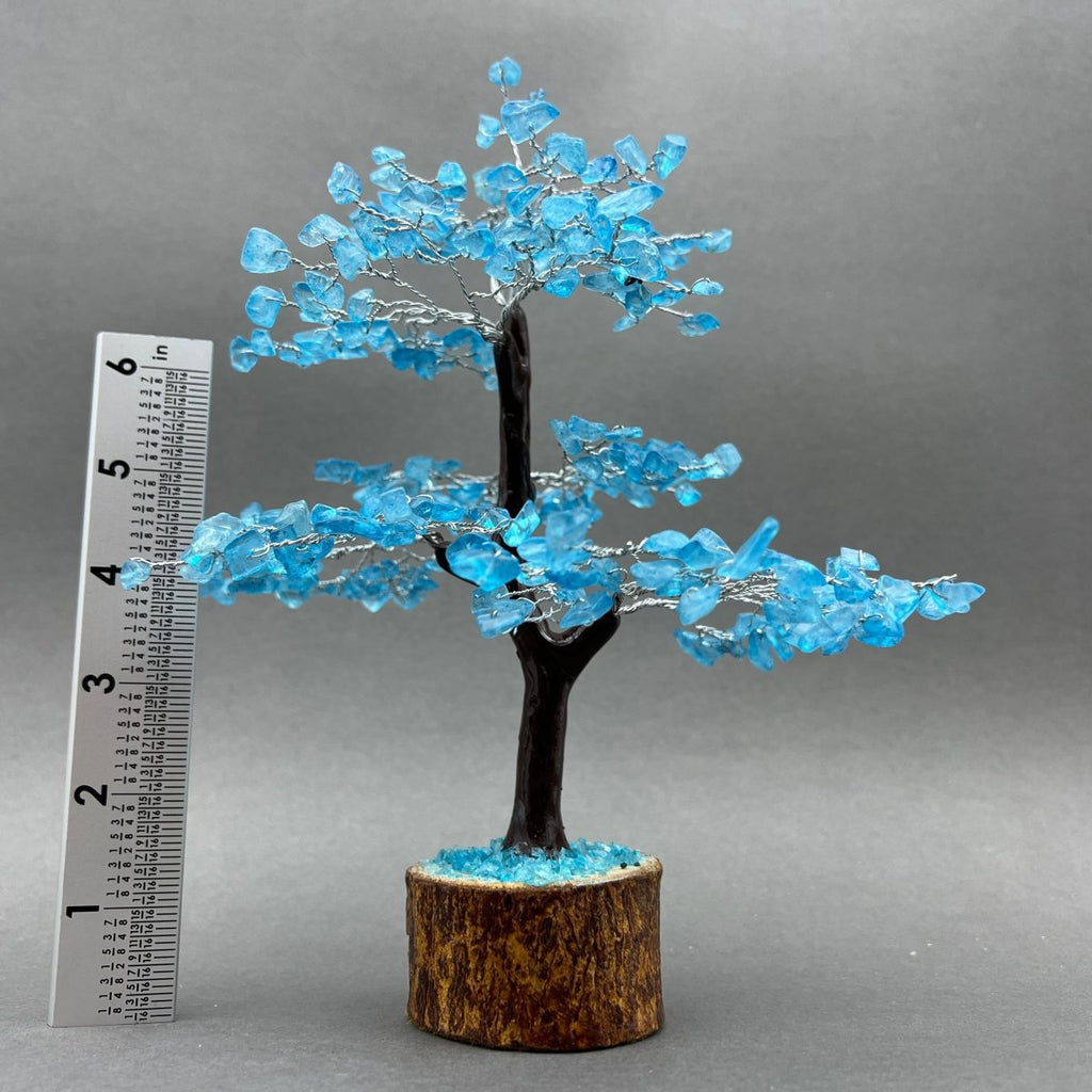 Blue Topaz 300 Chip Tree with Wood Base and Silver Wire (1 Piece) Size 9 Inches Crystal Gemstone Tree