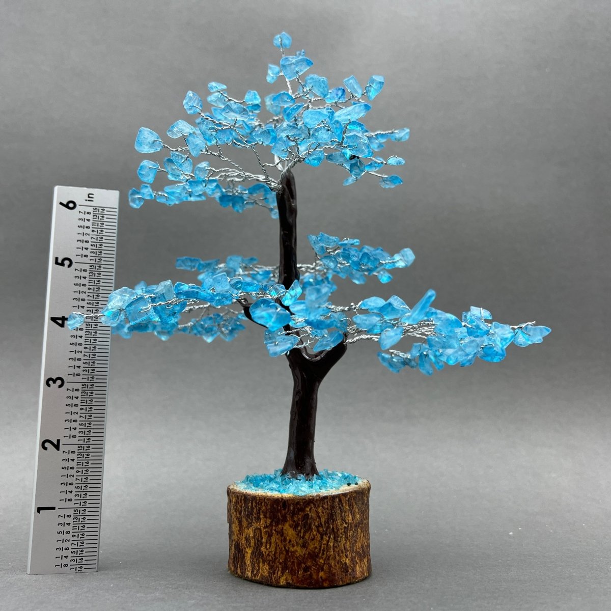 Blue Topaz 300 Chip Tree with Wood Base and Silver Wire (1 Piece) Size 9 Inches Crystal Gemstone Tree