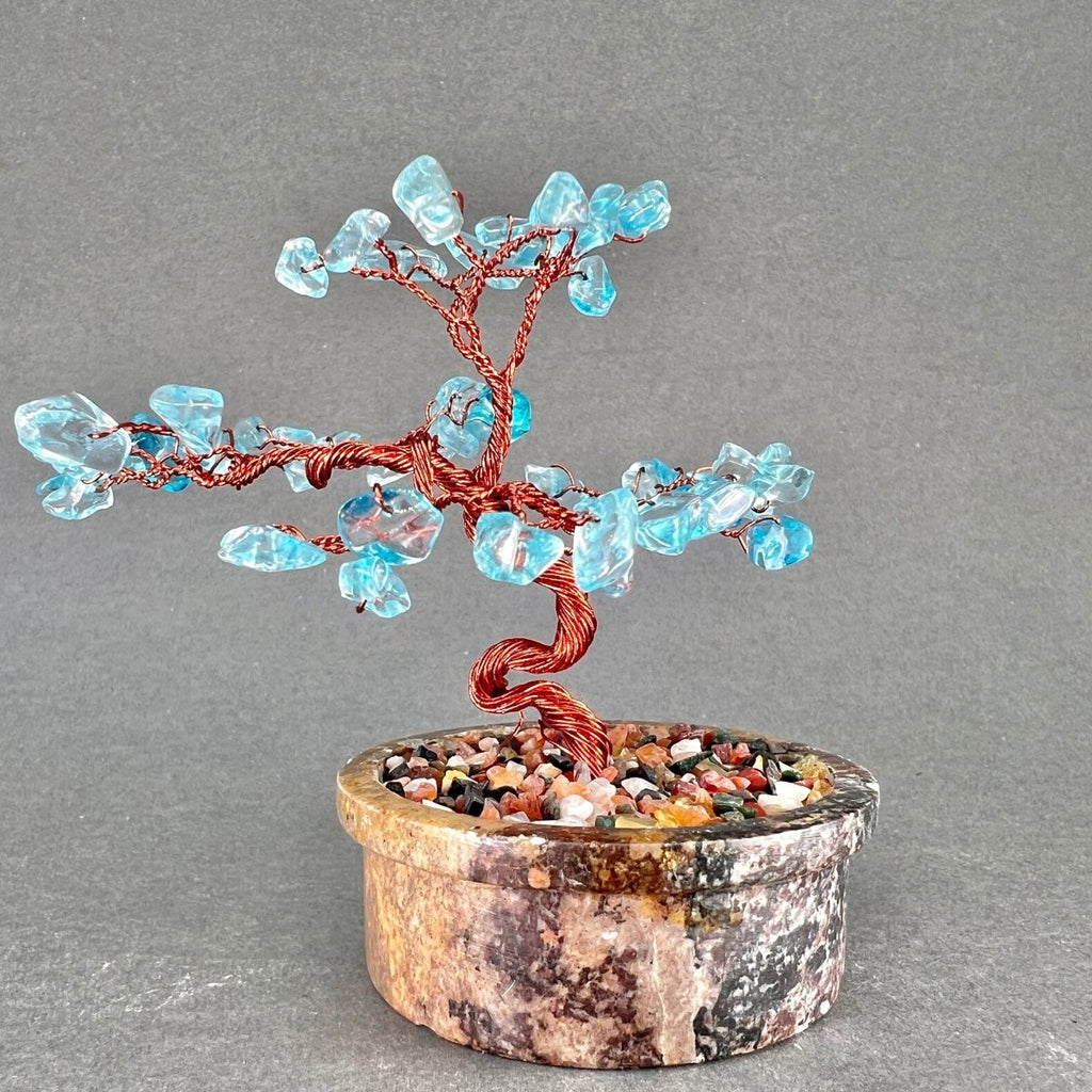 Blue Topaz Tiny Gemstone Tree Copper Wire On Soapstone Base (4 to 5 Inches) (Set Of 2) Crystal Chip Style Decorative Display