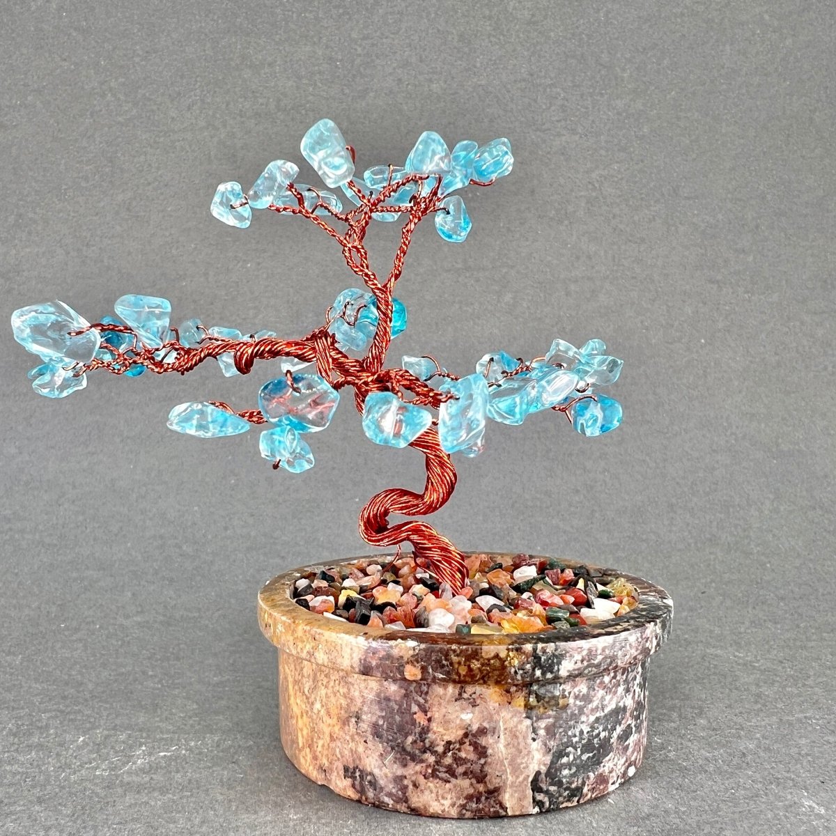 Blue Topaz Tiny Gemstone Tree Copper Wire On Soapstone Base (4 to 5 Inches) (Set Of 2) Crystal Chip Style Decorative Display