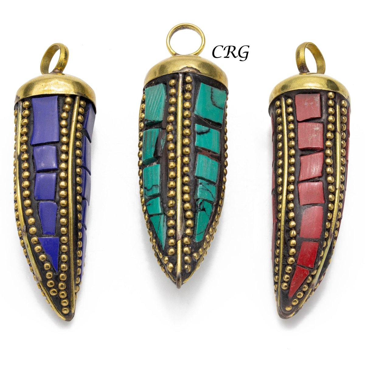 Brass Horn Pendant with Assorted Color Inlay (2 Inches) (1 Piece) (INJD)