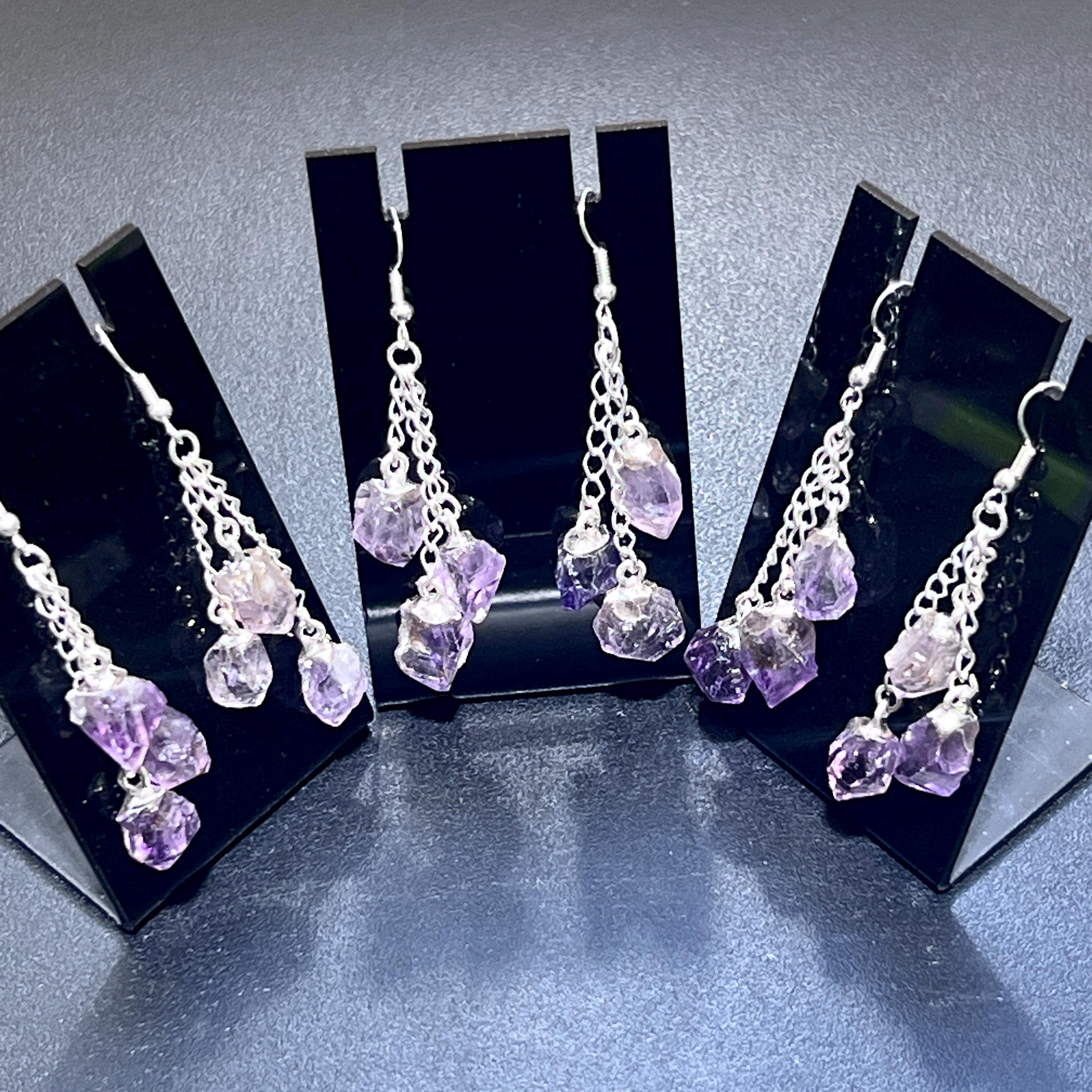 Amethyst Triple Crystal Earrings Pair (Stainless Steel Silver Hooks)