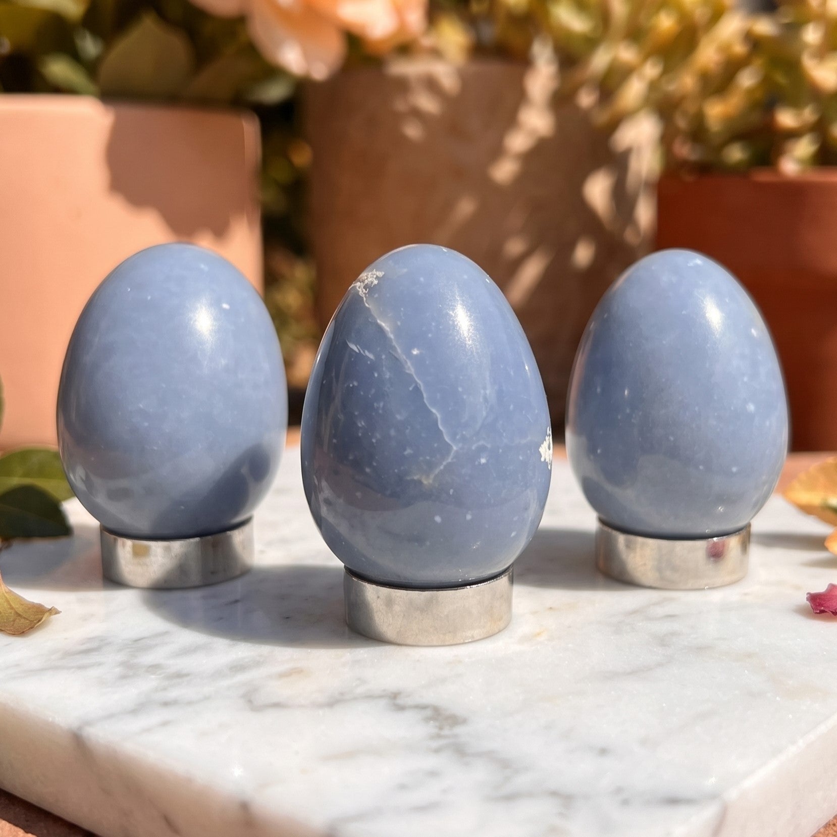 Blue Angelite Crystal Egg Carving