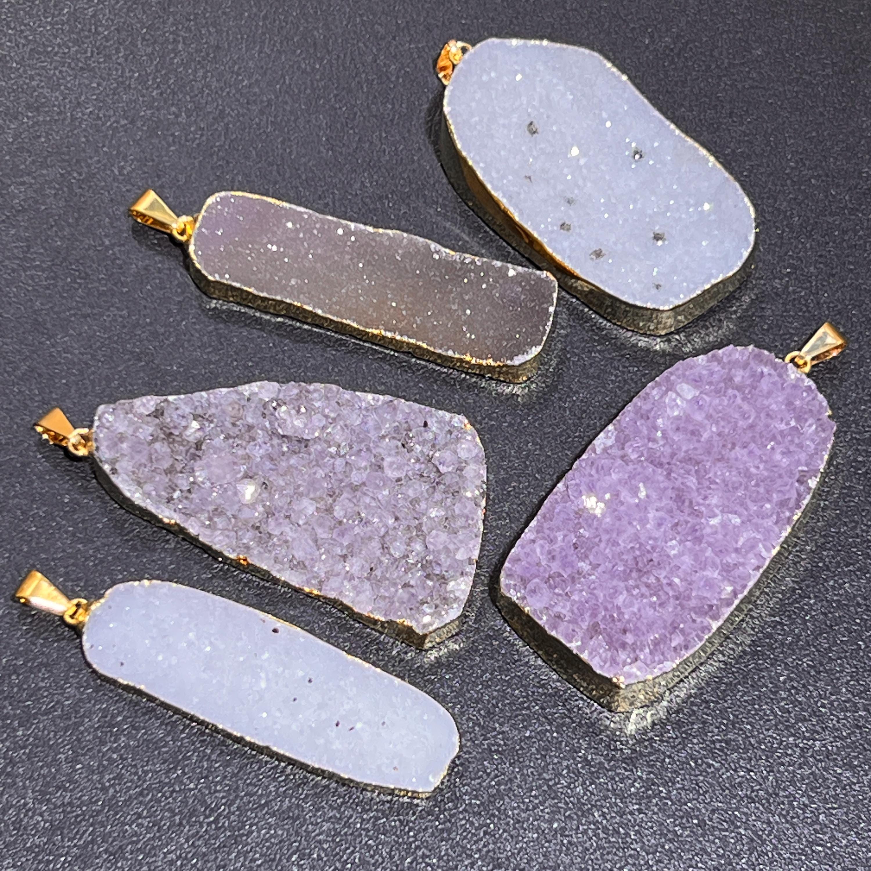 Large Agate and Amethyst Druzy Crystal Statement Pendants (Gold Plated)