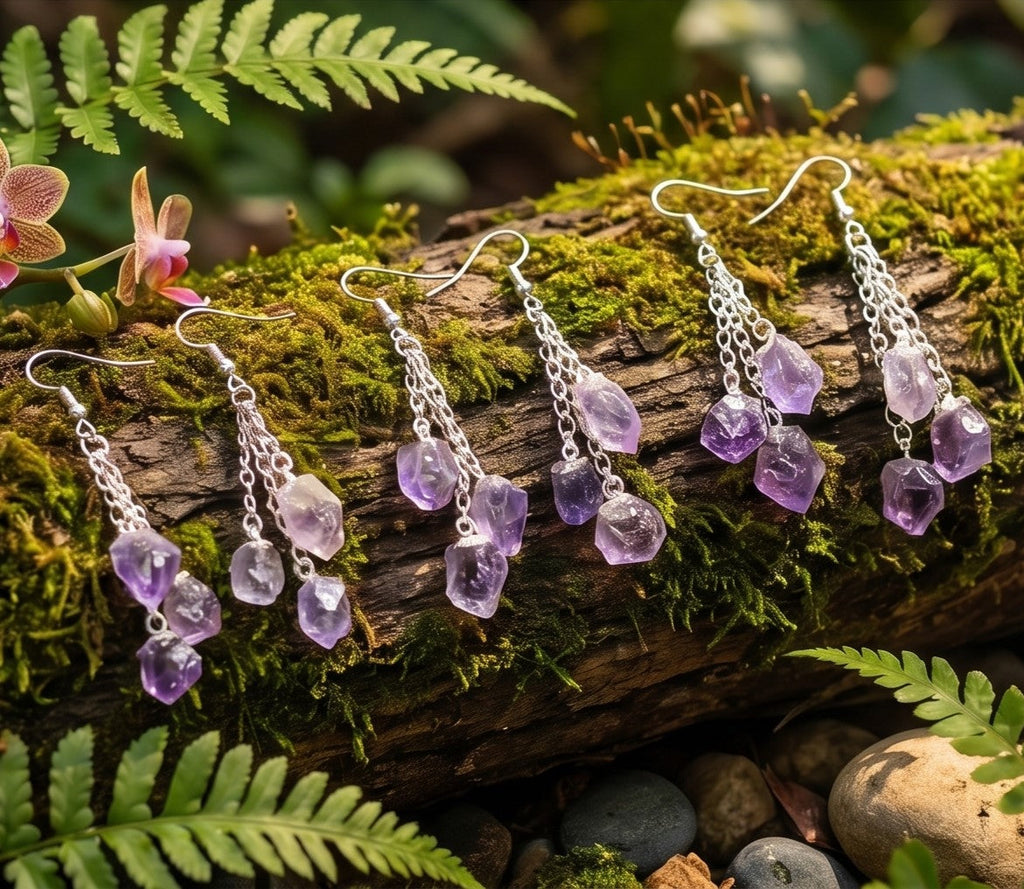 Amethyst Triple Crystal Earrings Pair (Stainless Steel Silver Hooks)