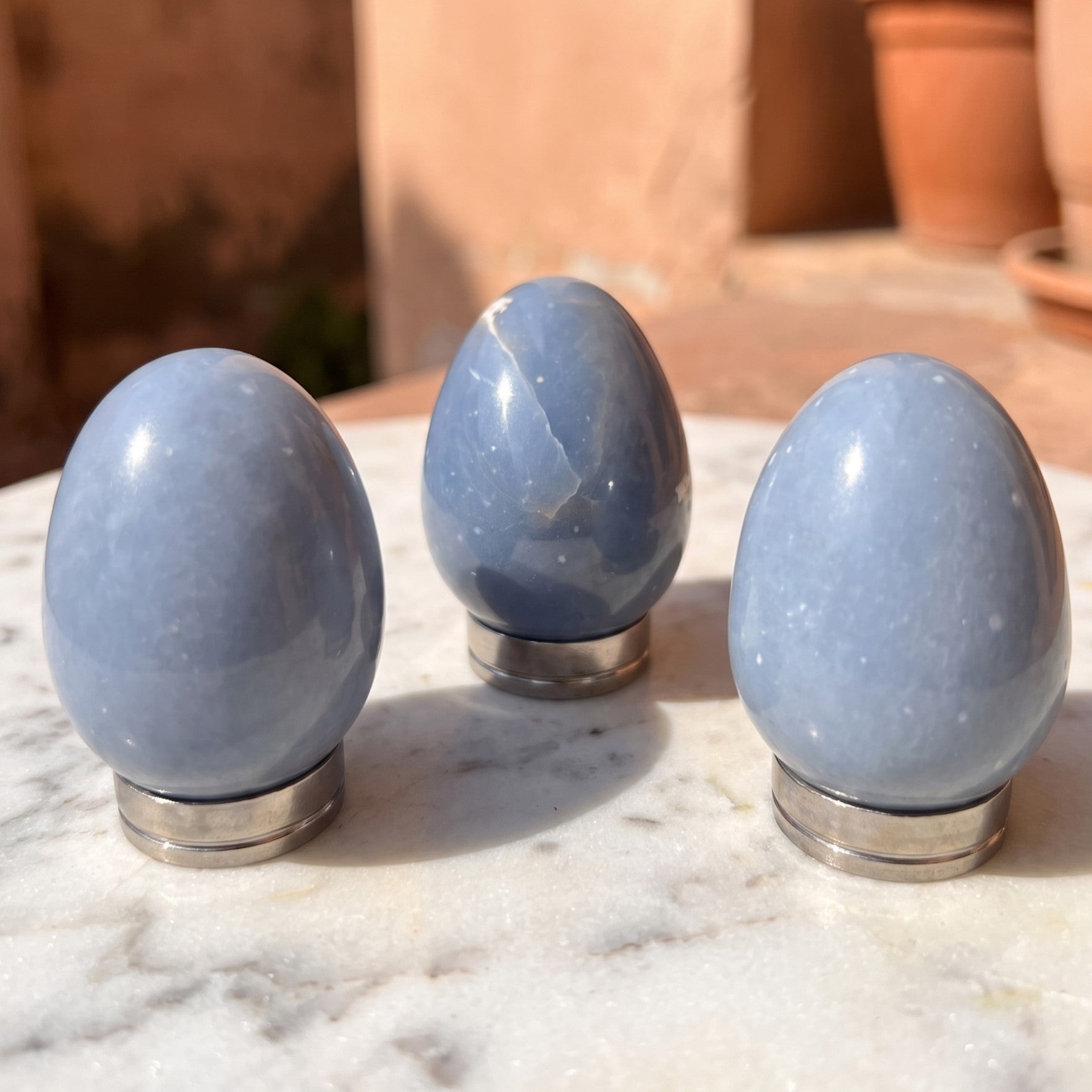 Blue Angelite Crystal Egg Carving