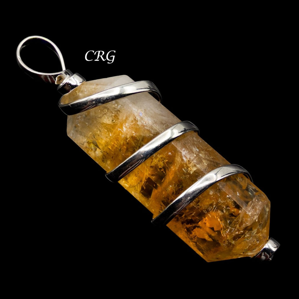 Citrine Double Terminated Pendant with Spiral Silver Wire Cage (4 Pieces) Size 2 Inches Crystal Jewelry Charm