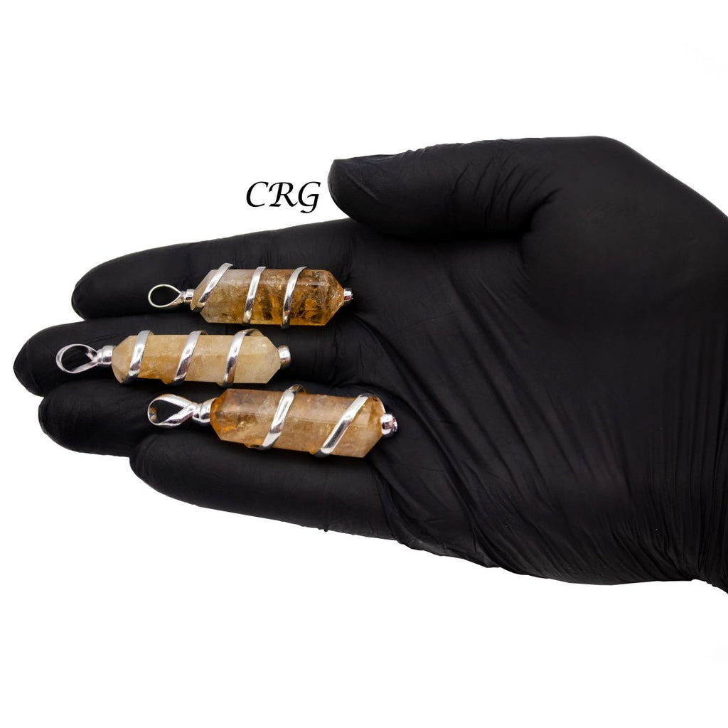 Citrine Double Terminated Pendant with Spiral Silver Wire Cage (4 Pieces) Size 2 Inches Crystal Jewelry Charm