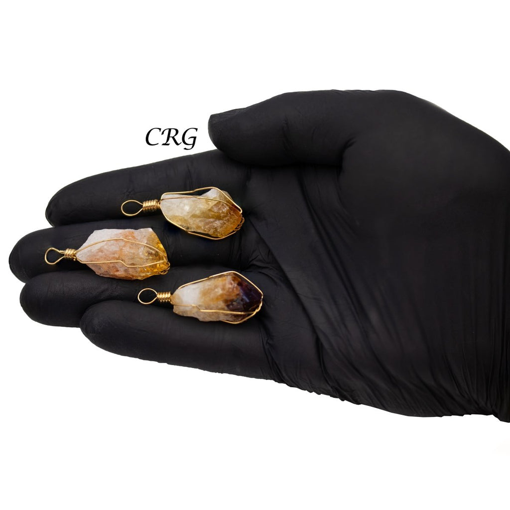 Citrine Raw Point Pendant with Gold Plated Wire Cage (1 To 1.5 Inches) (4 Pieces)