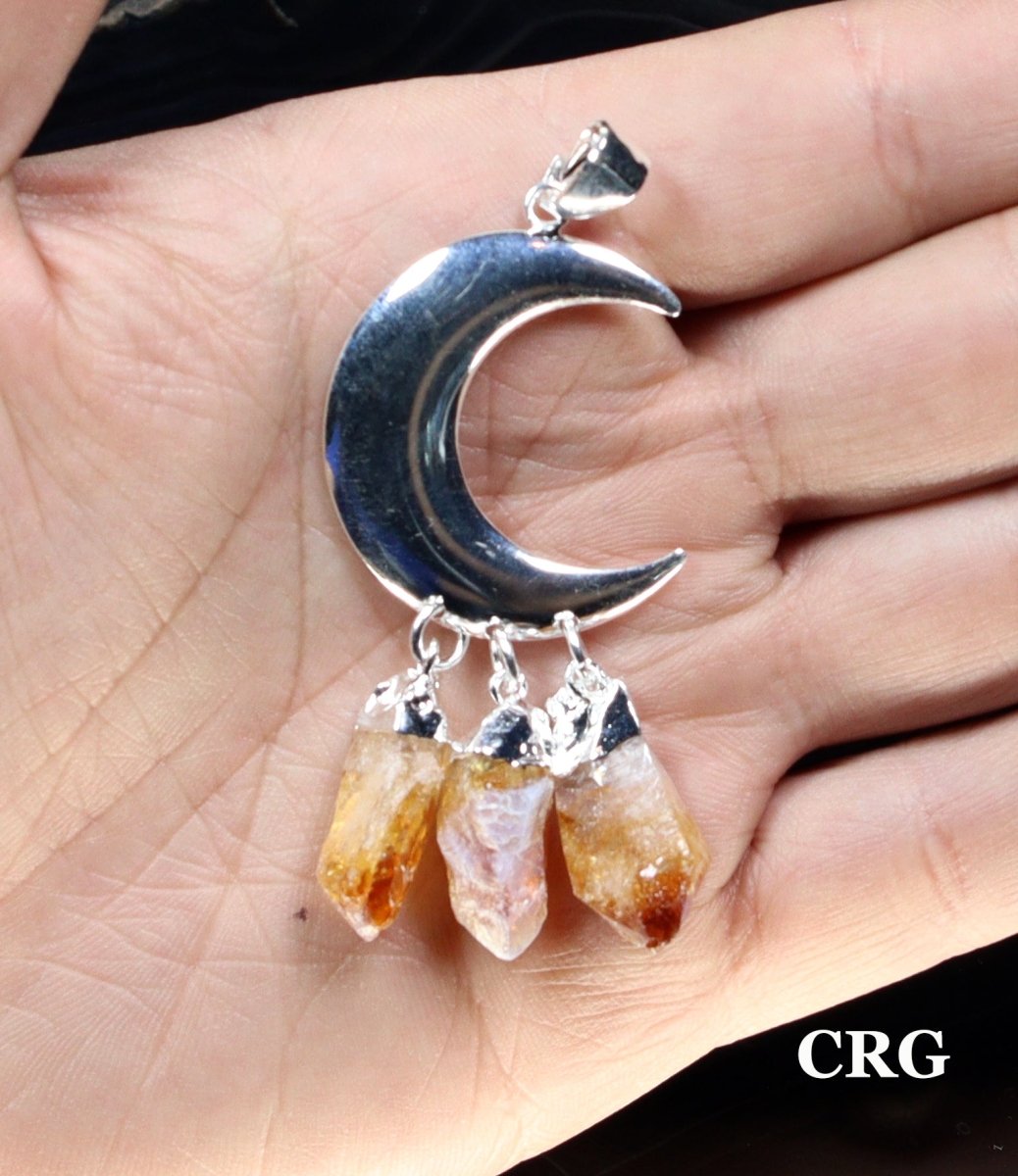 Citrine Raw 3 Point Pendant with Silver Plated Moon (1 Inch) (1 Piece)