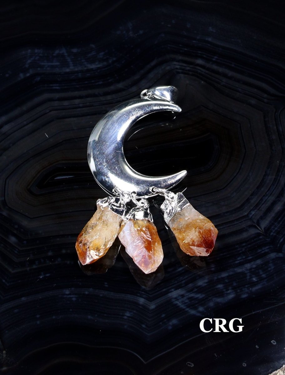 Citrine Raw 3 Point Pendant with Silver Plated Moon (1 Inch) (1 Piece)