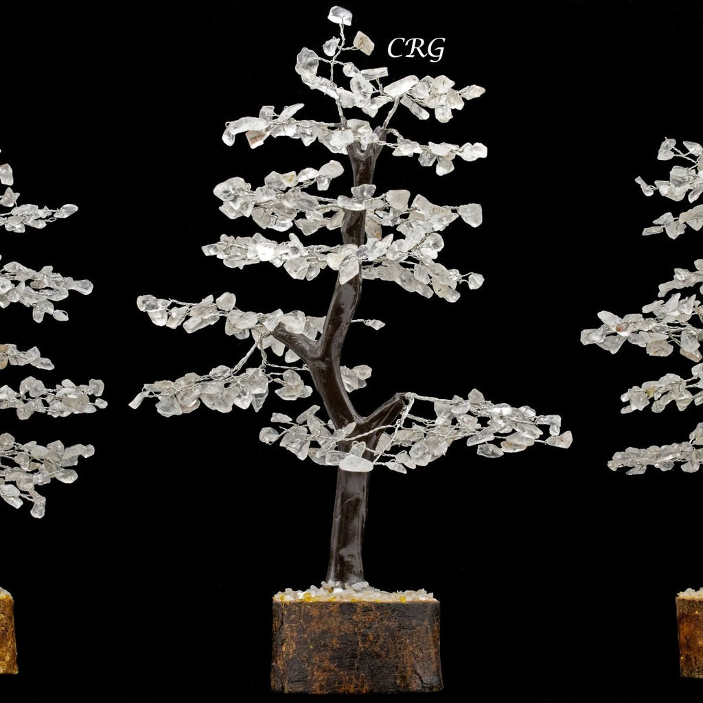 Clear Quartz 300 Chip Tree with Wood Base and Silver Wire (1 Piece) Size 9 Inches Crystal Gemstone Tree