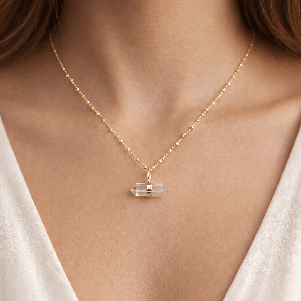 Clear Quartz Double Terminated Point Necklace with Gold Plating (17 Inches) (1 Piece)