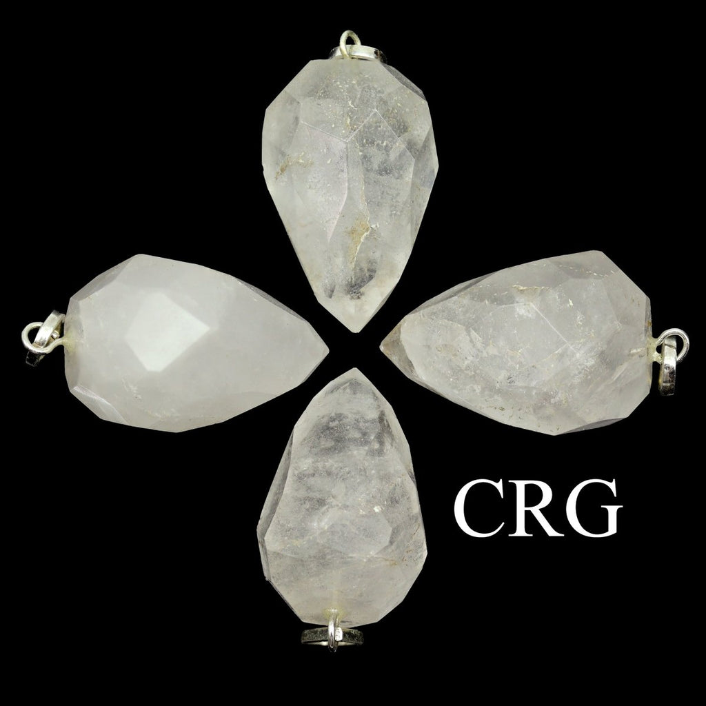 Crystal Quartz Facet Drop Pendant with Silver Plated Bail (1 Inch) (4 Pieces) (INJD)