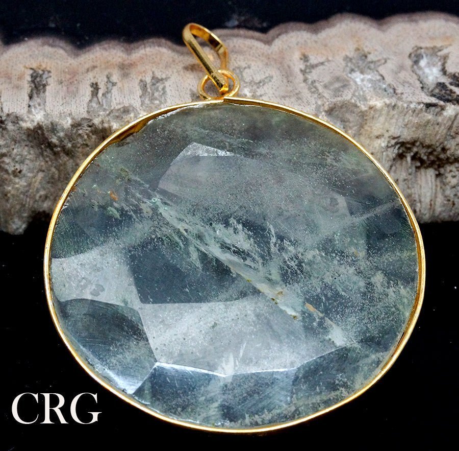 Clear Quartz Faceted Round Pendant with Gold Plating (1 Piece) Size 1.5 Inches (INJD)