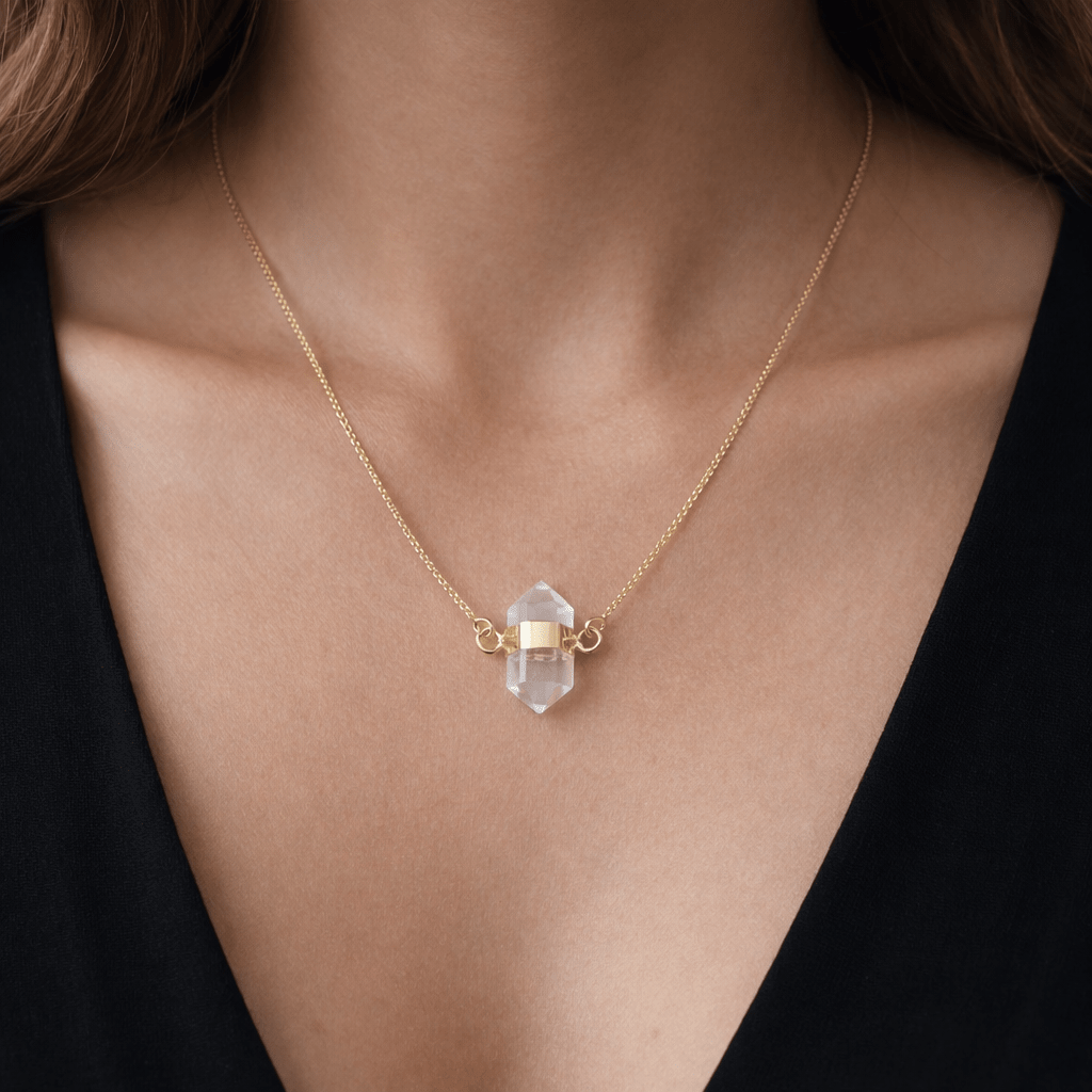 Clear Quartz Mini Double Terminated Point Necklace with Gold Plating (18 Inches) (1 Piece)