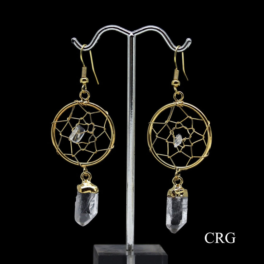 Clear Quartz Point Dream Catcher Earrings with Gold Plating (2 Inches) (1 Pair)