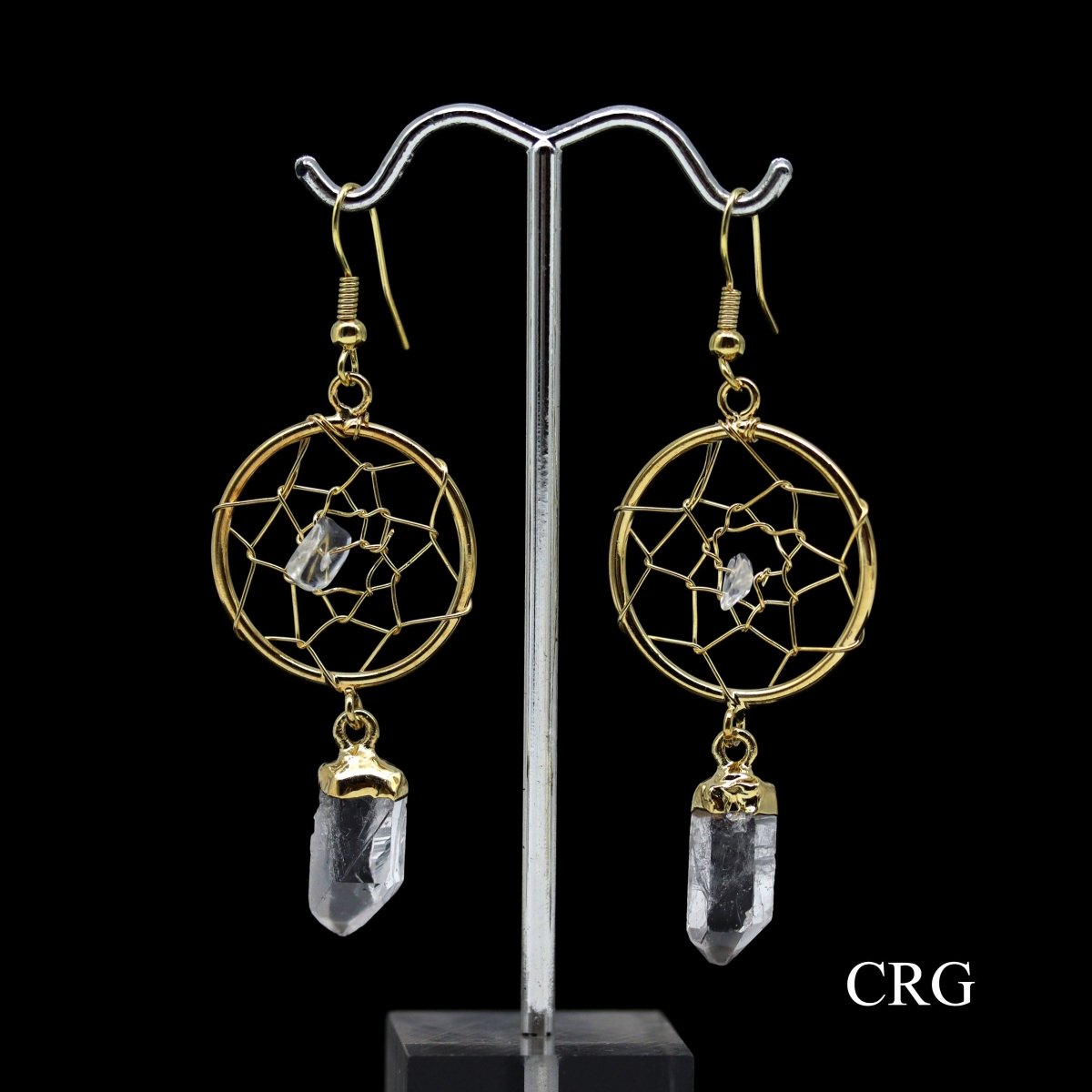 Clear Quartz Point Dream Catcher Earrings with Gold Plating (2 Inches) (1 Pair)