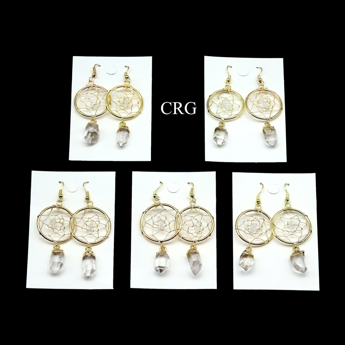 Clear Quartz Point Dream Catcher Earrings with Gold Plating (2 Inches) (1 Pair)